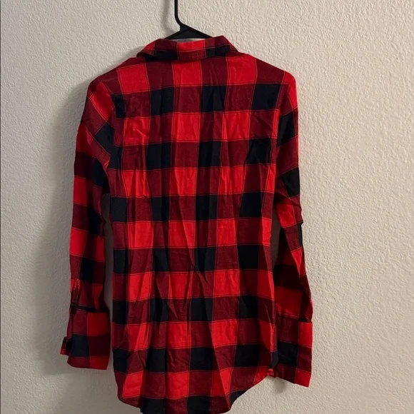 Express Red and Black Plaid Lace-Up Shirt - Picture 5 of 8
